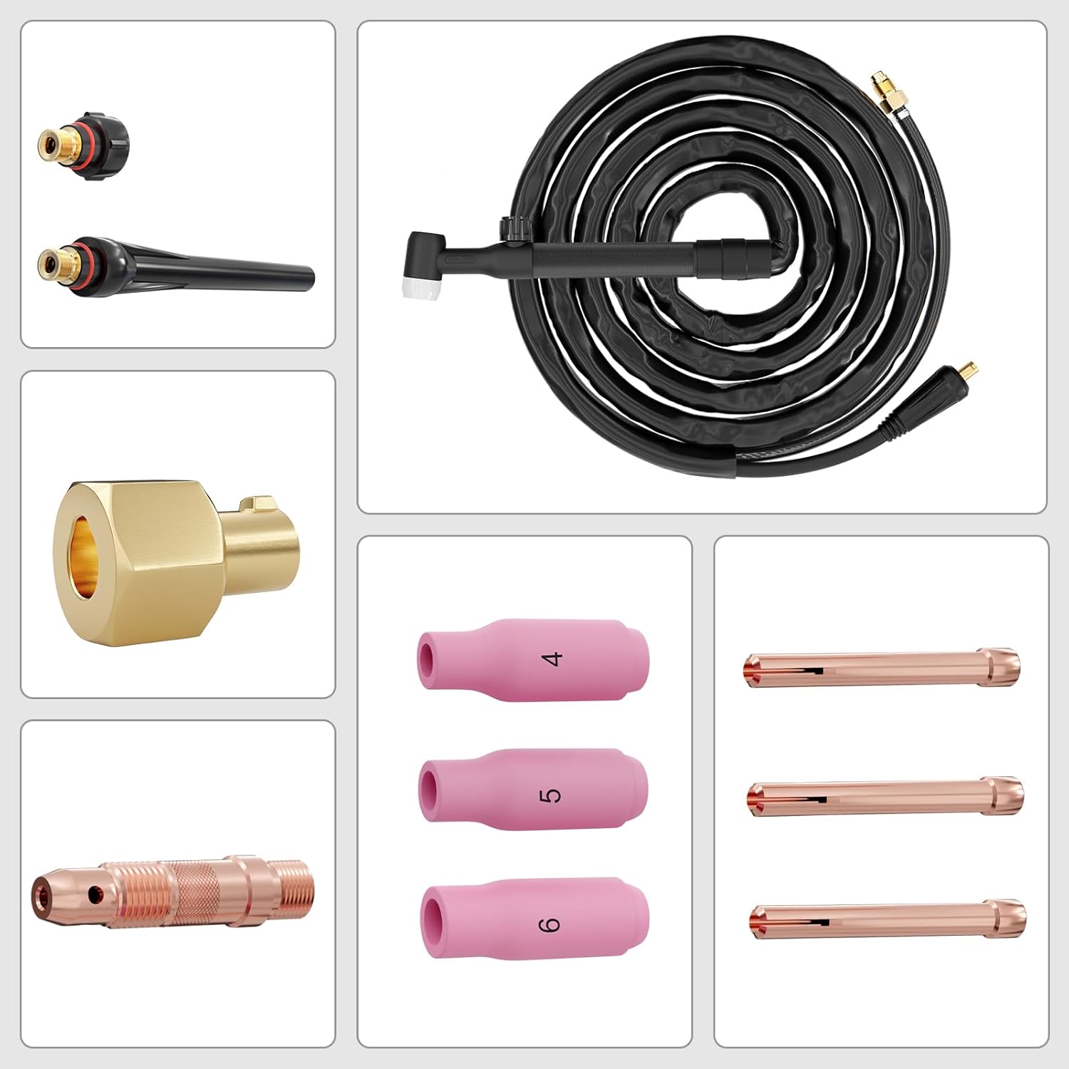 All components of the TIG welding torch kit laid out, including the torch, connectors, ceramic nozzles, collets, and back caps
