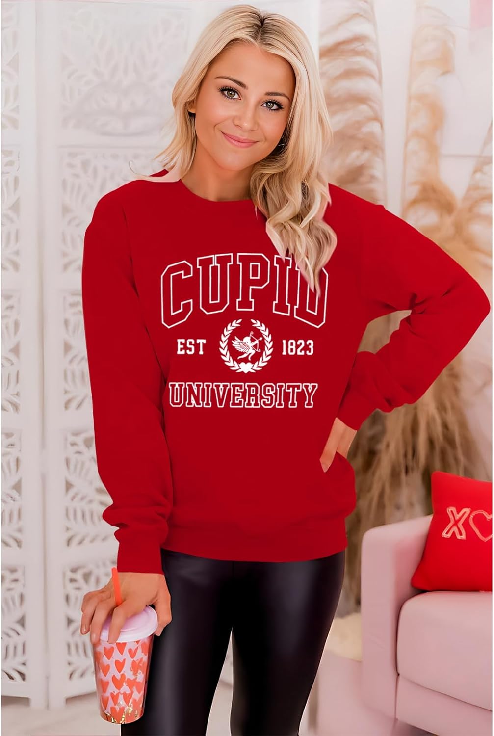 Women Valentine's Day Sweatshirt Retro Cupid University Love Graphic Sweater Shirts Crewneck Oversized Pullover Top - Image 2