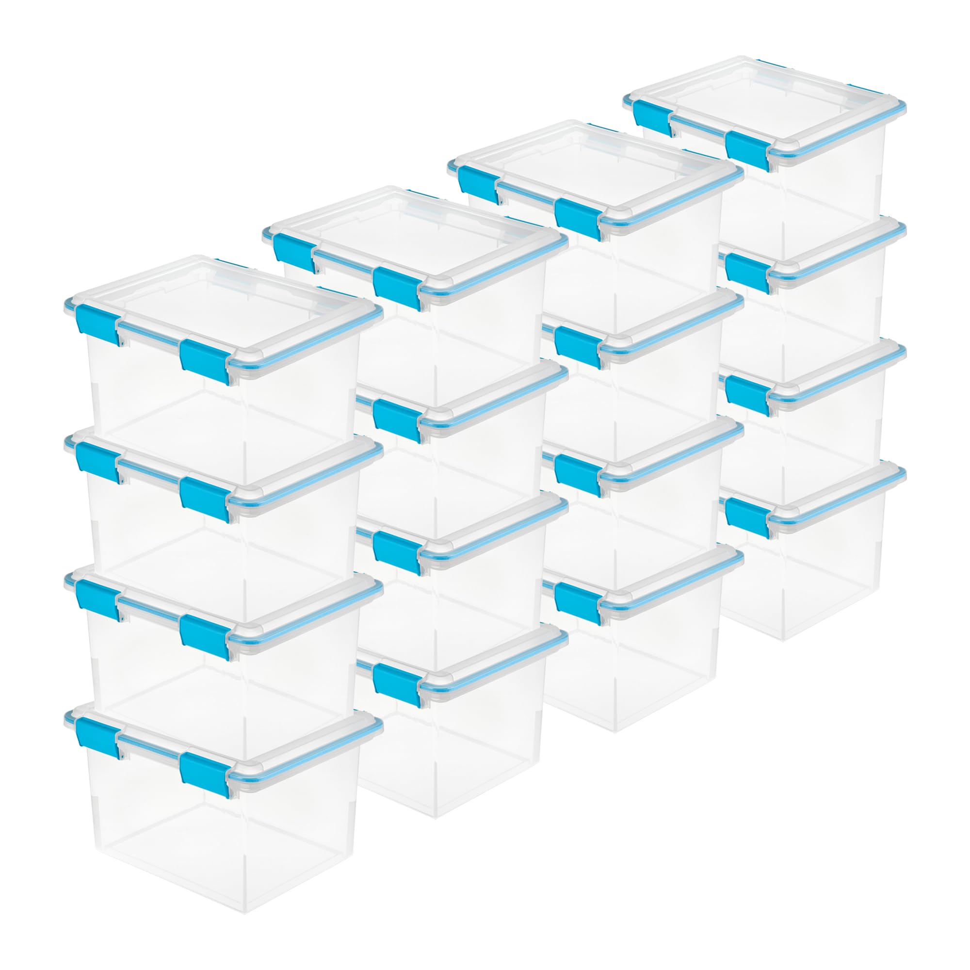 Sterilite 32 Qt Gasket Box, Stackable Storage Bin with Latching Lid and Tight Seal Plastic Container to Organize Basement, Clear Base and Lid, 16-Pack
