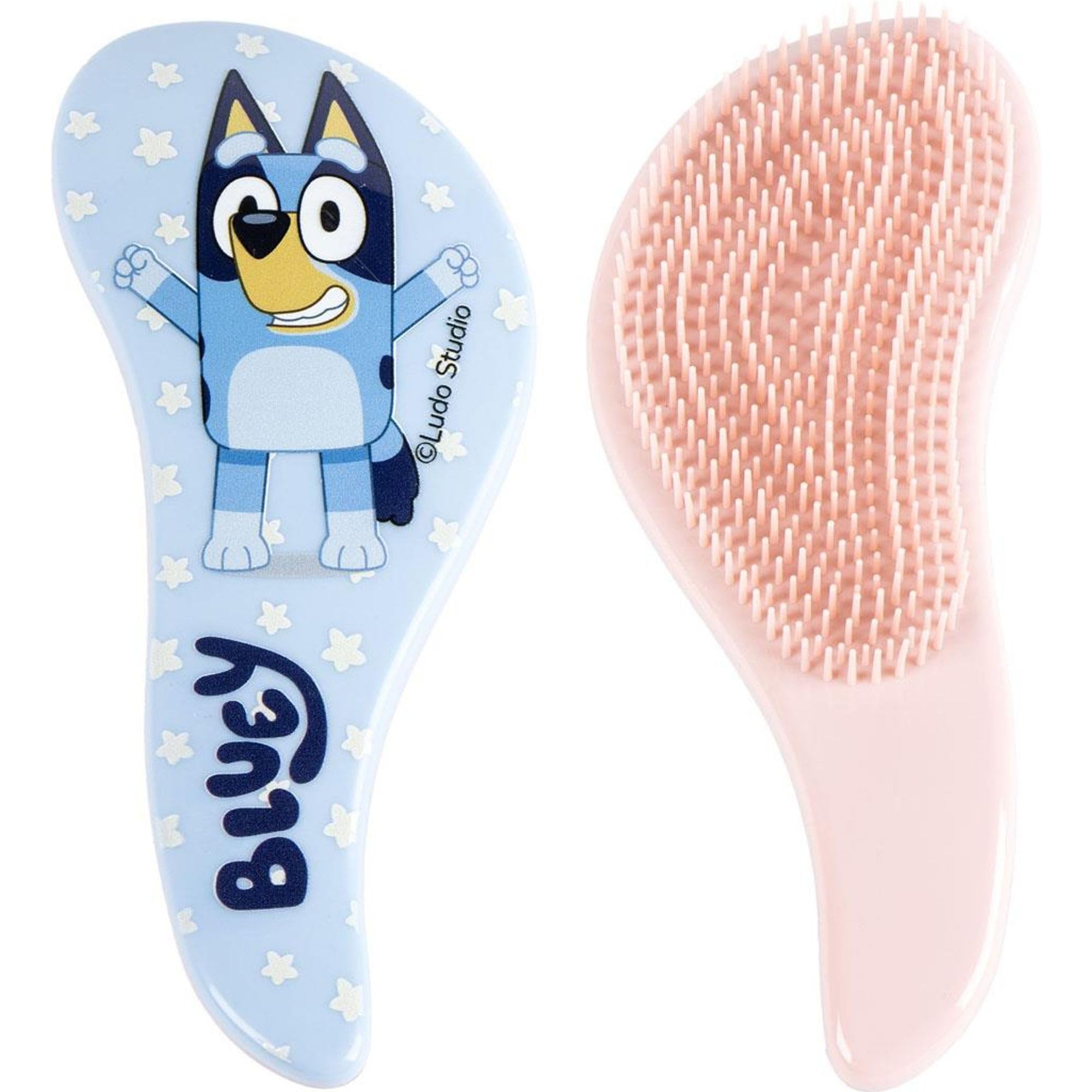 Bluey Kids Detangler Brush, ergonomic design in pastel blue with flexible tines that smooth knots without pulling or discomfort