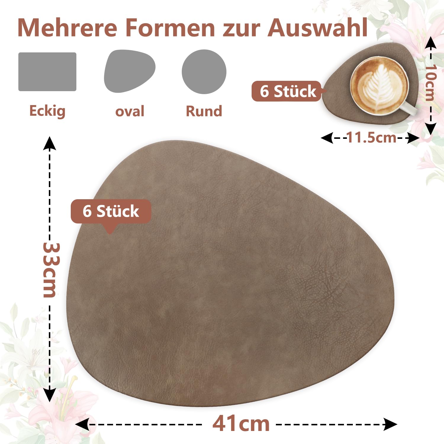 HELI MIAO 6er Set Tischset aus Leder-Imitat，Platzsets abwaschbar und wasserdicht，Platzdeckchen Lederoptik mit Untersetzer,Tischuntersetzer Doppelseitigen rutschfest(Oval,braun) (Packung mit 2)