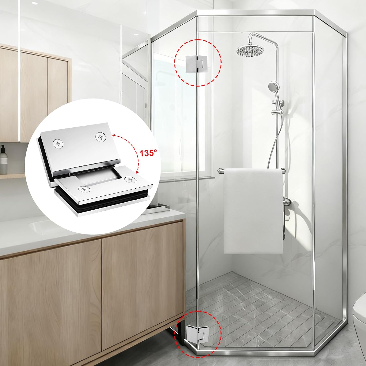 135 Degree Glass Shower Door Hinges Heavy Duty Solid Brass, Shower Door Hardware Replacement for 5/16"(8mm) - 1/2"(12mm) Thickness Tempered Glass (Mirror Chrome, 2 Pack, 135 Degree)