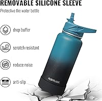 Vista 5 de Botella de agua aislada de 40 onzas con popote, termo de acero inoxidable con vacío, botella de agua térmica grande con 3 tapas a prueba de fugas