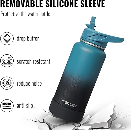 Miniatura 5 de Botella de agua aislada de 40 onzas con pajilla, botella de metal al vacío de acero inoxidable con 3 tapas a prueba de fugas, para viajes,