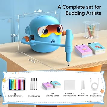 NAUQUOHZ Drawing Robot for Kids with 100 Cards, Montessori Painting Toys with Voice Interaction&16 Color Pens Educational Drawing Machine Toys for 3 4 5 6 7 8 Year Old Boys Girls