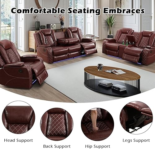 Miniatura 4 de Juego de sofá reclinable eléctrico para sala de estar, juego de sofá reclinable de cuero con luces LED, puertos USB, almacenamiento oculto, juego de