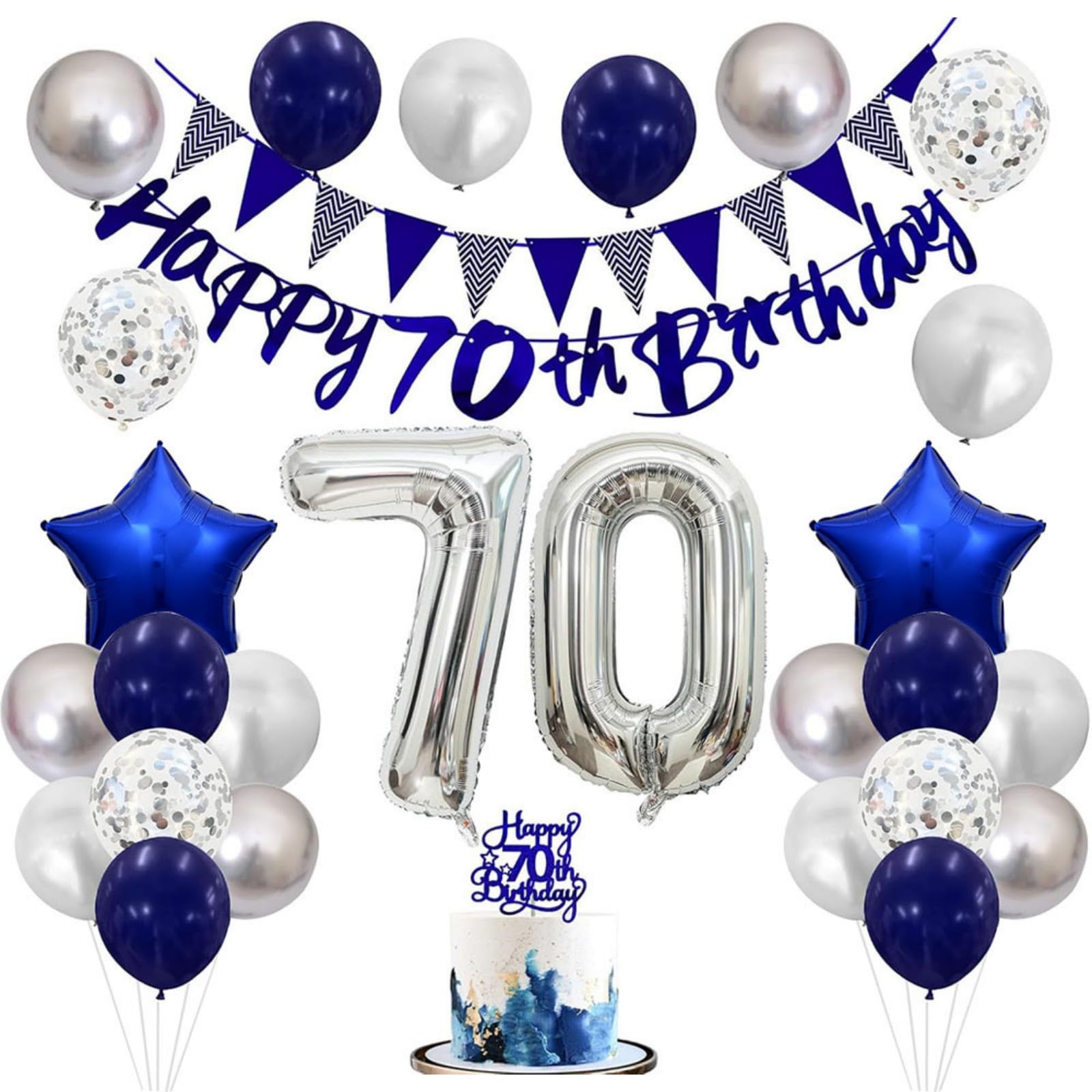 70th Birthday Decorations for Women and Men - Blue Silver Party Set with Happy 70th Birthday Banner, Number Balloons, Cake Topper, Confetti Balloons and Bunting, Elegant 70th Party Decor Kit