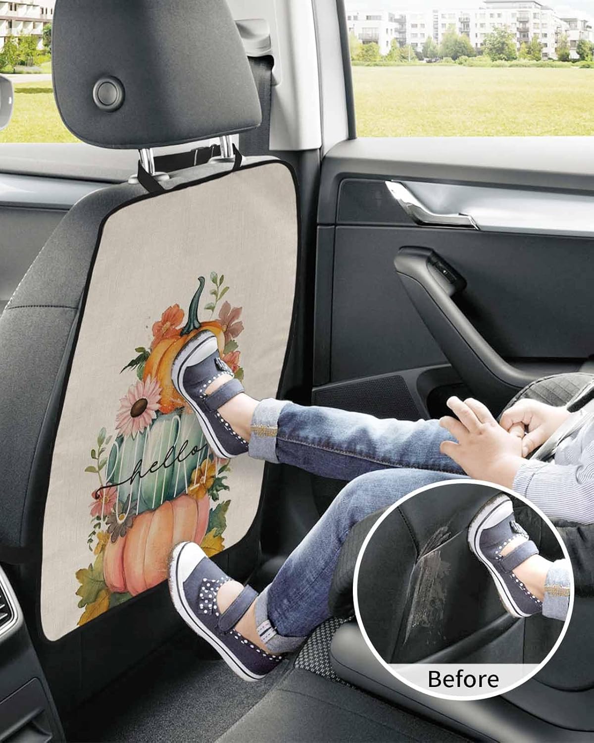 T&H XHome Car Seat Protector, 2 Pack Kick Mats Back Seat Protector Hello Pumpkin Pink Blue and Orange Pumpkin Waterproof Backseat Cover for Kids Universal Fit Automotive Interior Protectors