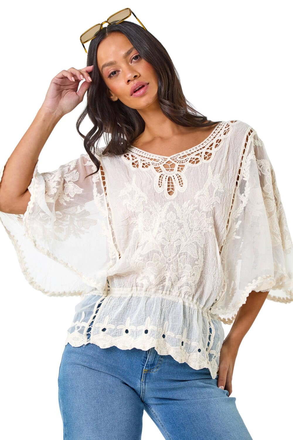 Roman Dusk Butterfly Lace Blouse, White, Size M-L, Women