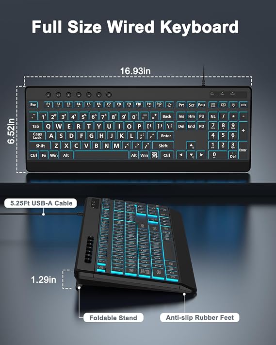 EDJO Large Print Backlit Wired Keyboard,7-Colors Backlight