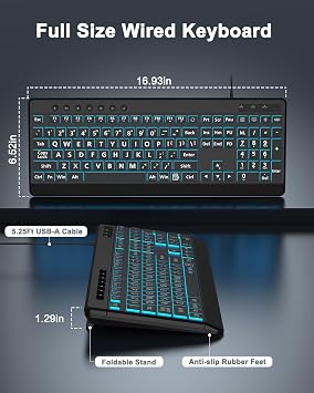 EDJO Large Print Backlit Wired Keyboard,7-Colors Backlight