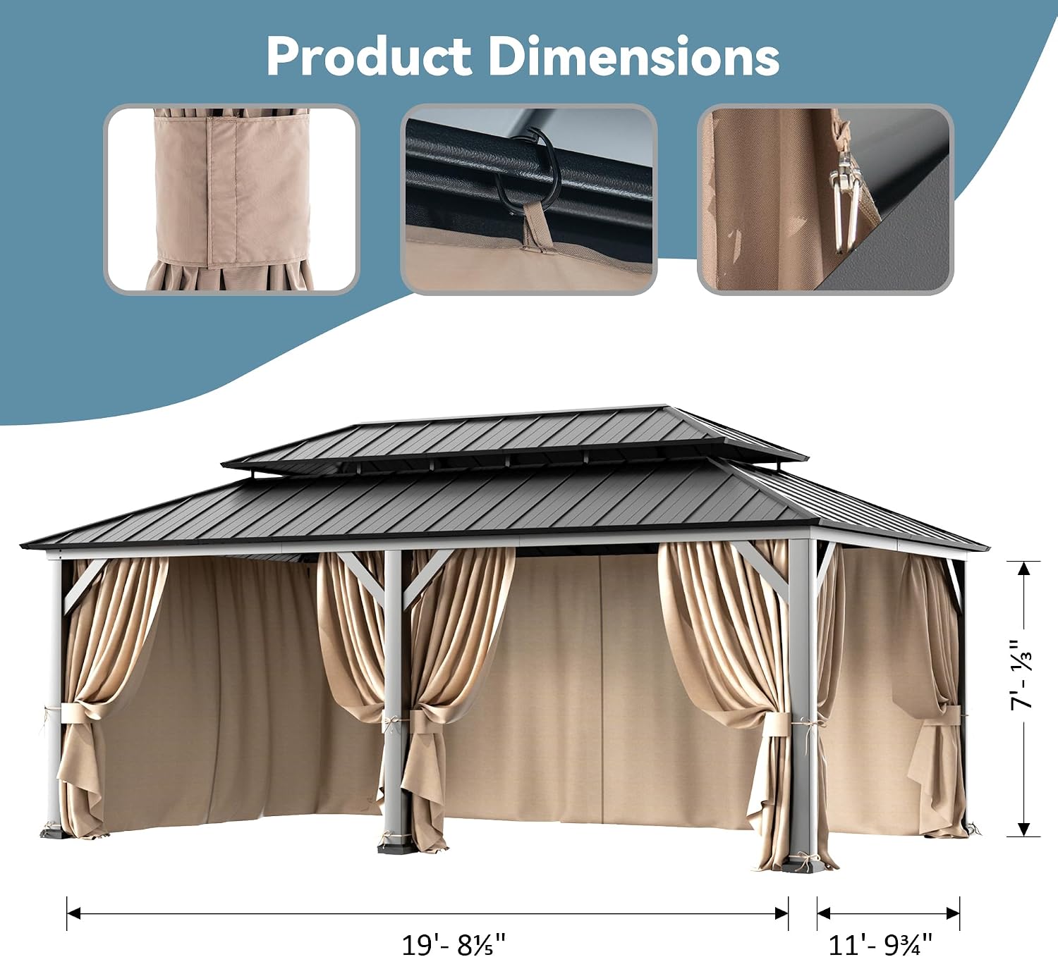 Modern Shade Universal 12' x 20' Gazebo Curtain Replacement, 6-Panel Outdoor Privacy Curtains with Zipper, Compatible with Patio Canopy, Garden, and Backyard (Curtain Only)