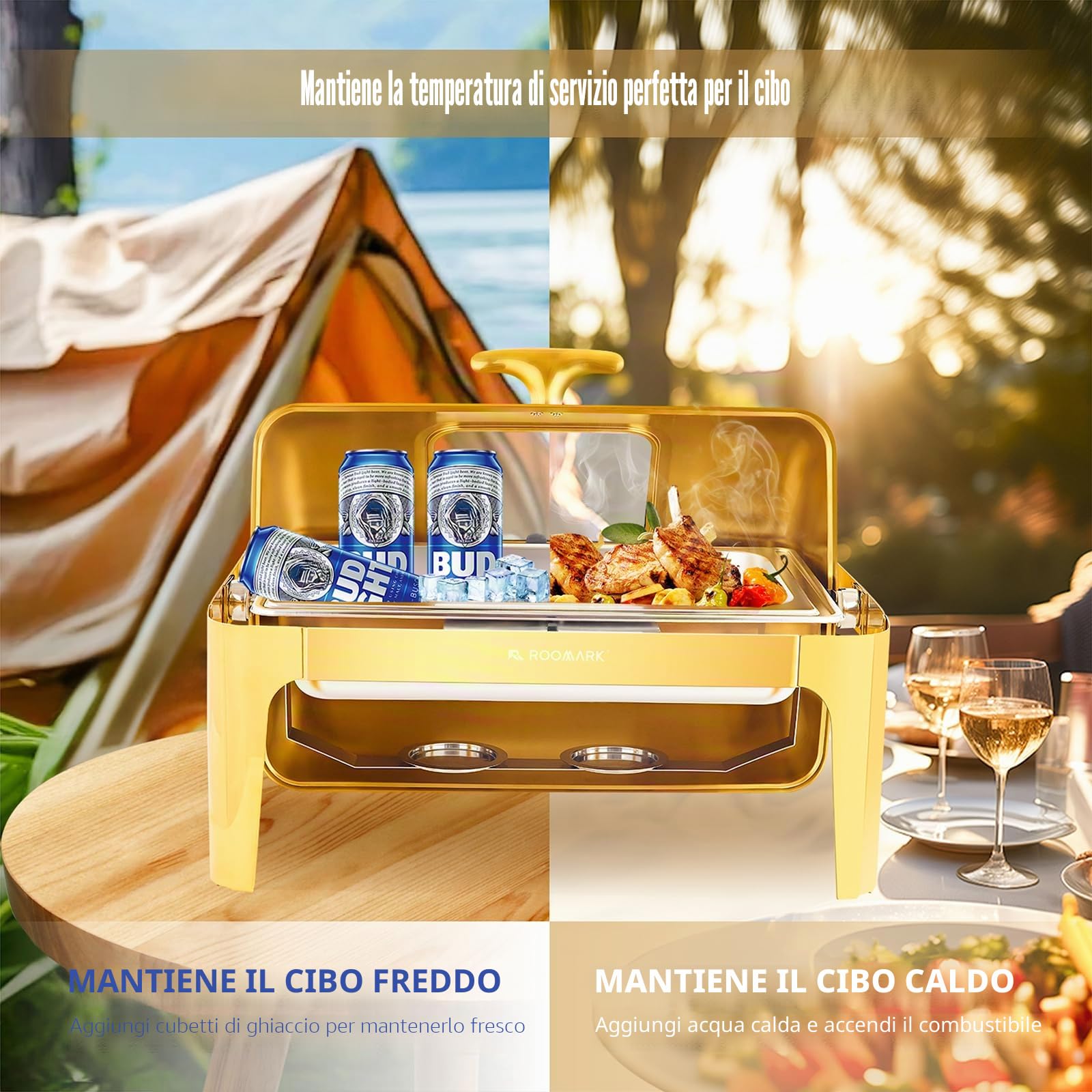 8,6L Roll Top Scaldavivande Catering Buffet Set,SS201 Rettangolo scalda vivande Elettrico Professionale, Armadio riscaldante per Alimenti per Catering, Buffet e Feste,Oro