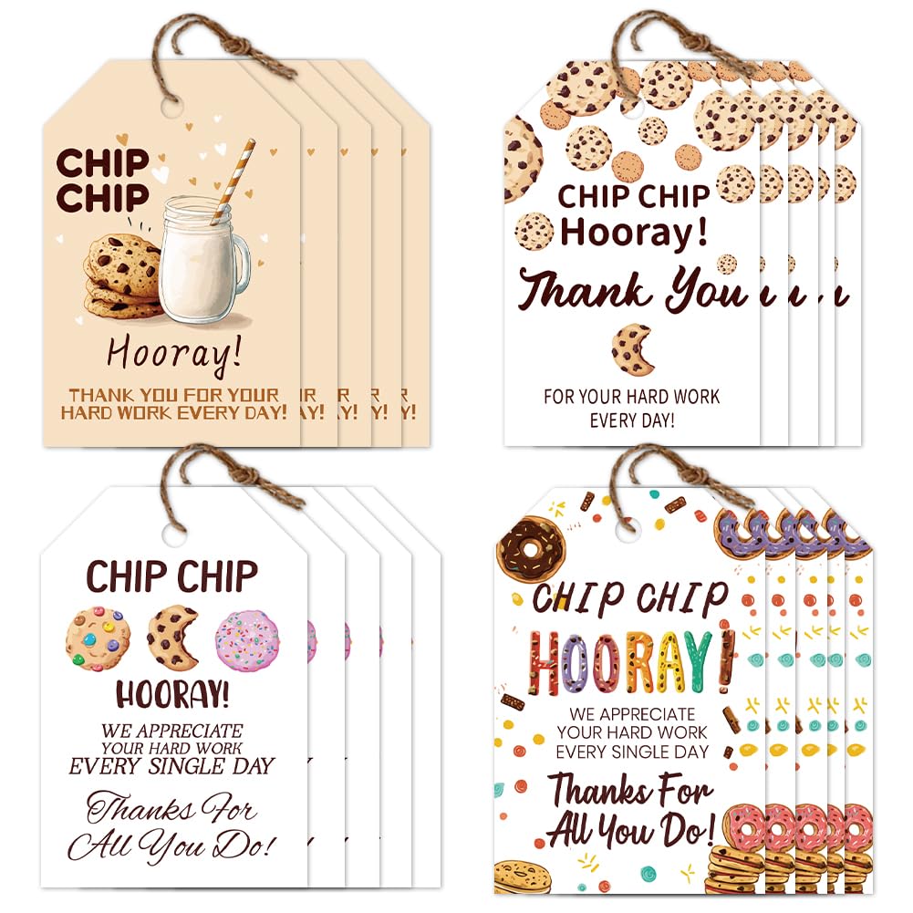 CRAFTYMELODY 80Pcs Cookie Thank You Gift Tags with String 4 Style Chip Chip Hooray Hanging Labels Name Tags 2×3 Inch for Bakery Birthday Party DIY Gift Crafts Employee Appreciation Favor Decor