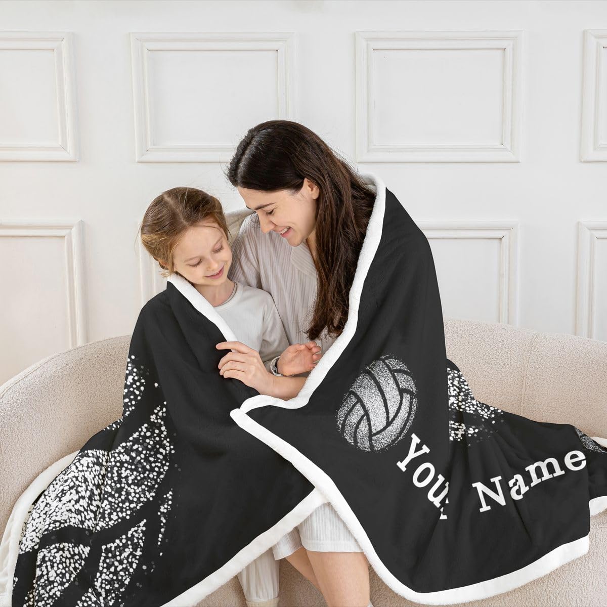Erosebridal Personalized Volleyball Throw Blanket for Couch Sport Fleece Blanket for Boys Grey Sequins Glitter Sherpa Blanket Throw Black Customized Blanket Kids Toddler Teens Bed Blanket Home Decor