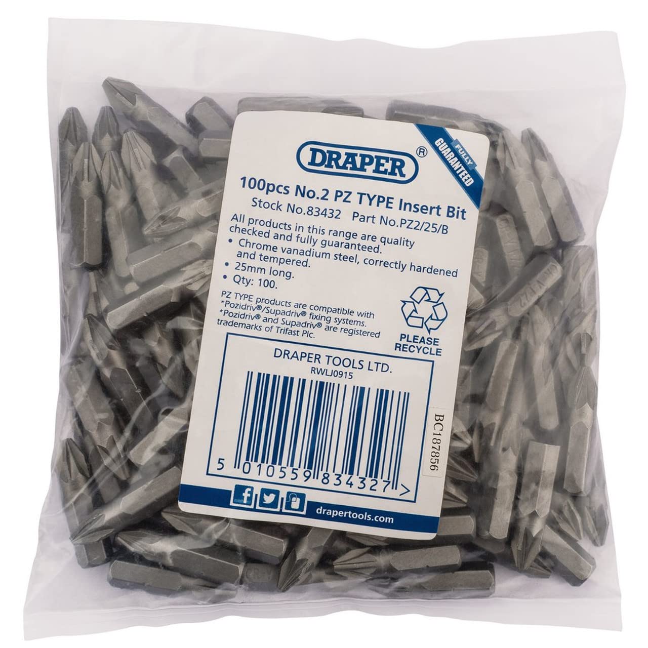 Draper 83432 No 2 PZ Type 1/4" Insert Bits (Pack of 100)