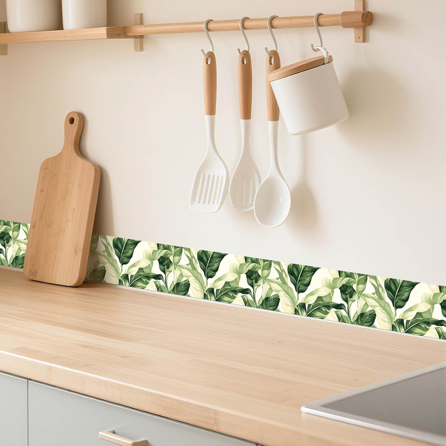 IVN Wallpaper Border Peel and Stick Decorative Wall Trim Self Adhesive Green Leaf Accent Strip for Bathroom Laundry Room Pool Area Mirror Frame Shelf Wall Edge 4x196 Inch Nature Design