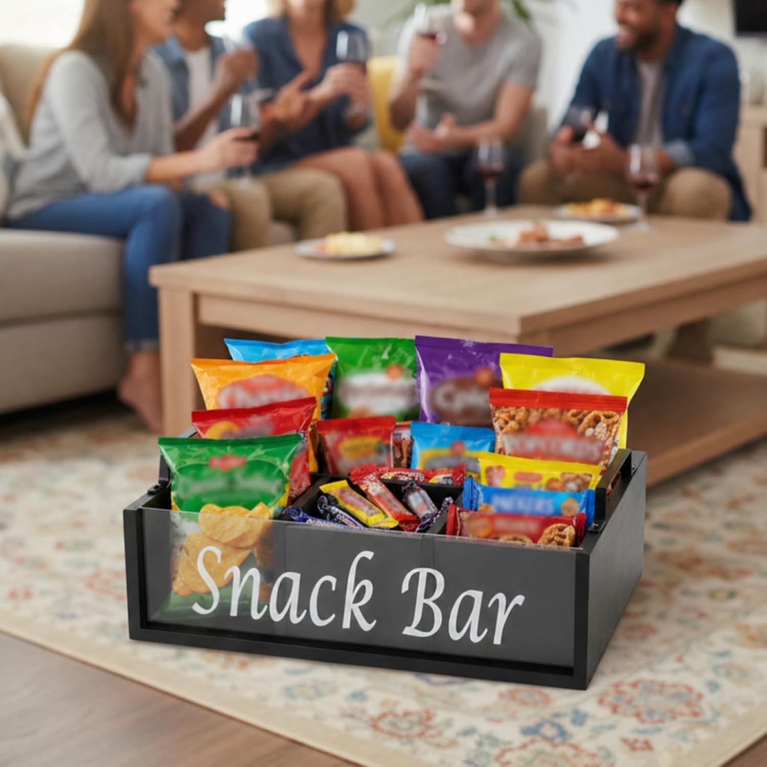 Snack Organizer for Countertop, Wooden 4-Compartment Basket, Black Pantry Container with 2 Handles, Storage Box for Coffee Bar, Office Desk, Kitchen Island, Breakroom, Party Table, Home, 1 Pack