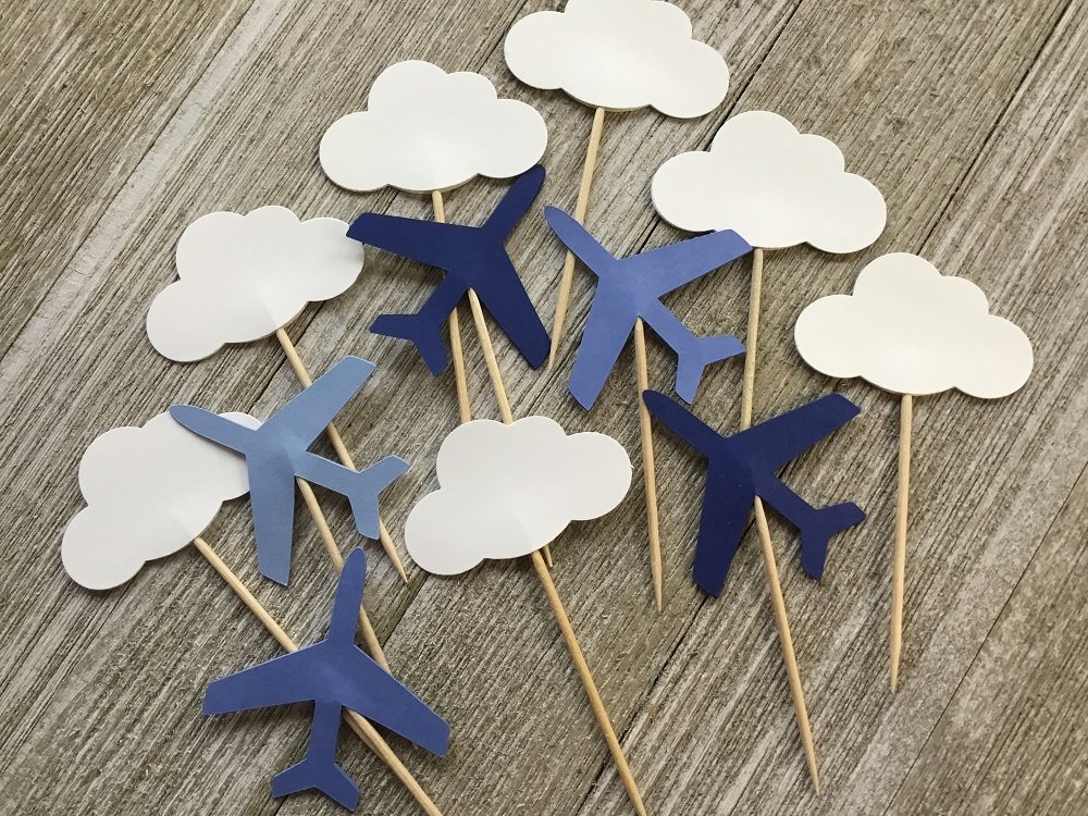 Blue Airplanes and Cloud Cupcake Toppers - Navy Blue Medium Blue and Light Blue Planes - Party Picks - Jet Food Picks - (Set of 24)
