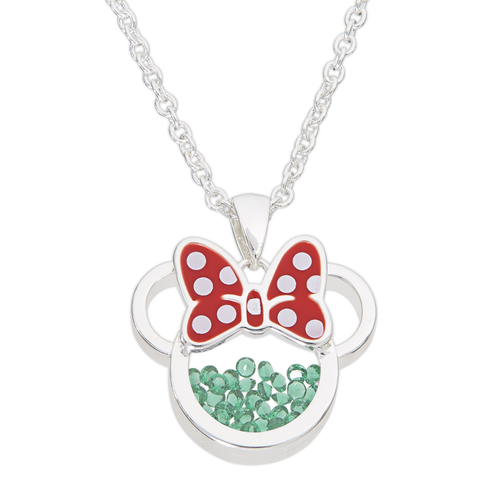 Disney Women and Birthstone Jewelry - Minnie Mouse Cubic Zirconia Shaker Pendant Necklace, Silver Plated, 18+2" Extender