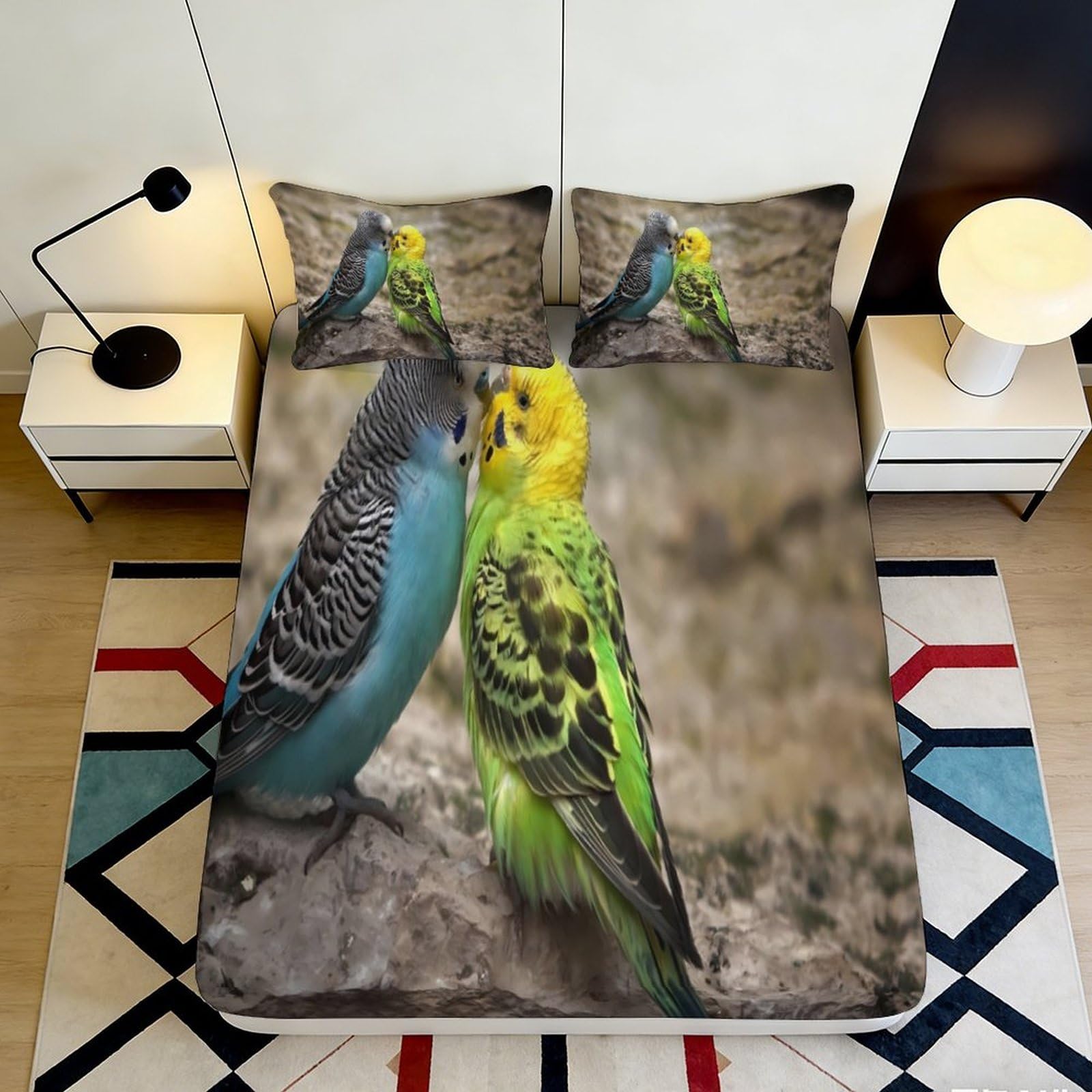 3D Printed Parrot Pattern Fitted Sheet Microfiber Deep Pocket Parrot Mattress Fitted Cover Non-Slip Bedding for Adults Teens 90x200x25cm