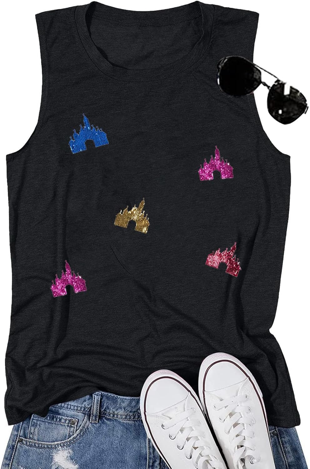 Magic Kingdom Tanks for Women Sequin Shirts Colorful Castle Graphic Sleveless Top Holiday Vacation Tank Tops