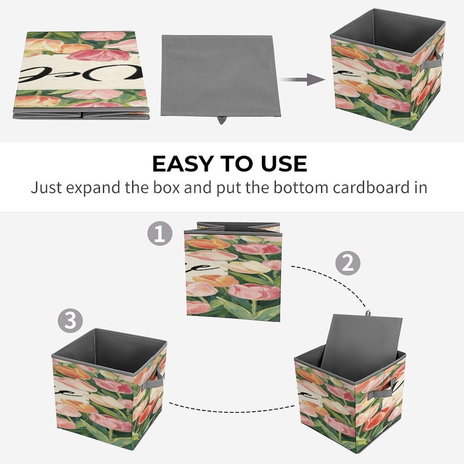 Tulip Flowers Fabric Bins Storage Basket Square Baskets | Storage Bin with Double Handles,Cube Collapsible Organizers for Organization,Closet,Shelves,Offices