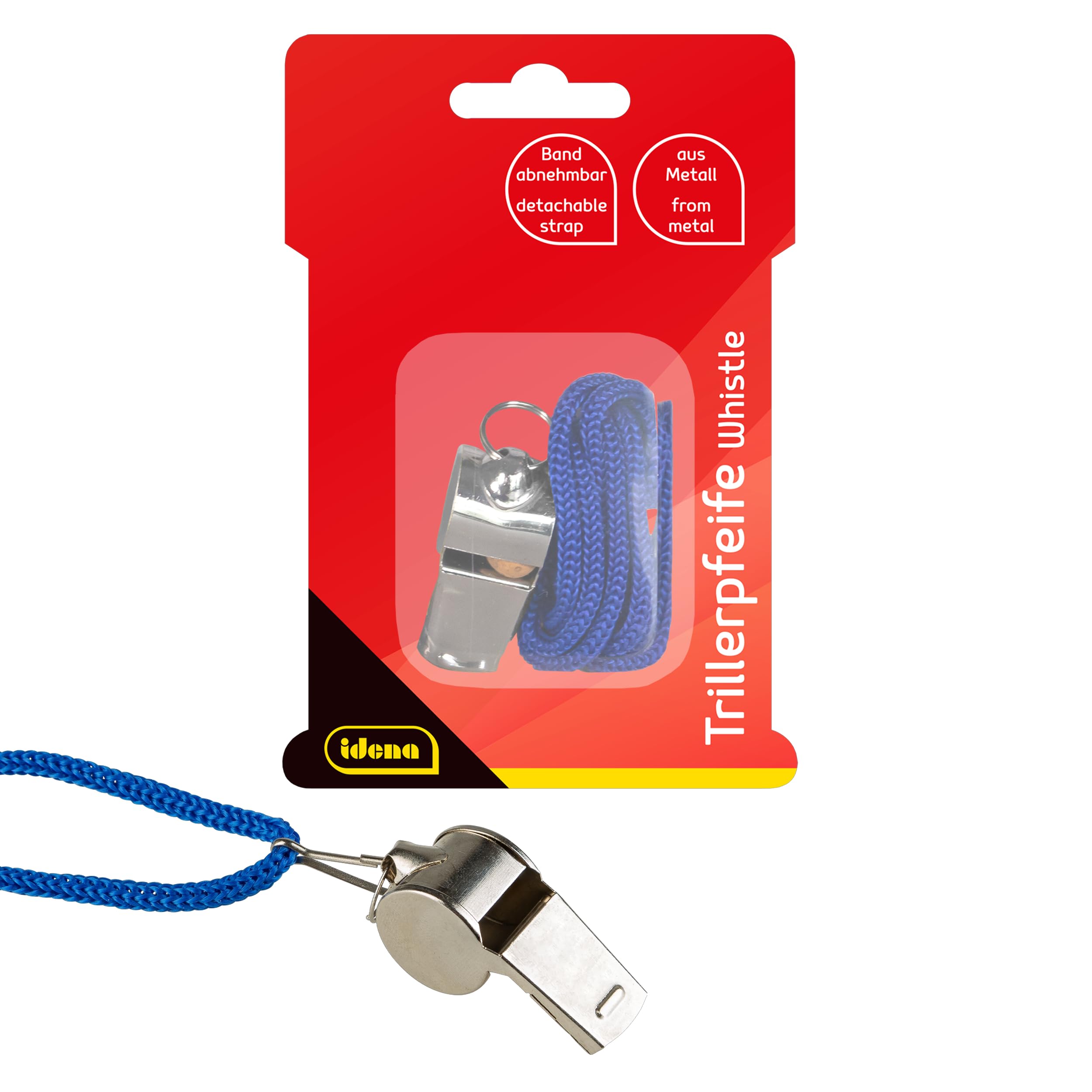 Idena 40187 Metal Whistle Whistle with Blue Cord for Hanging Ideal for Sports and Leisure Activities for Kids, Trainers, Teachers and Bathmasters