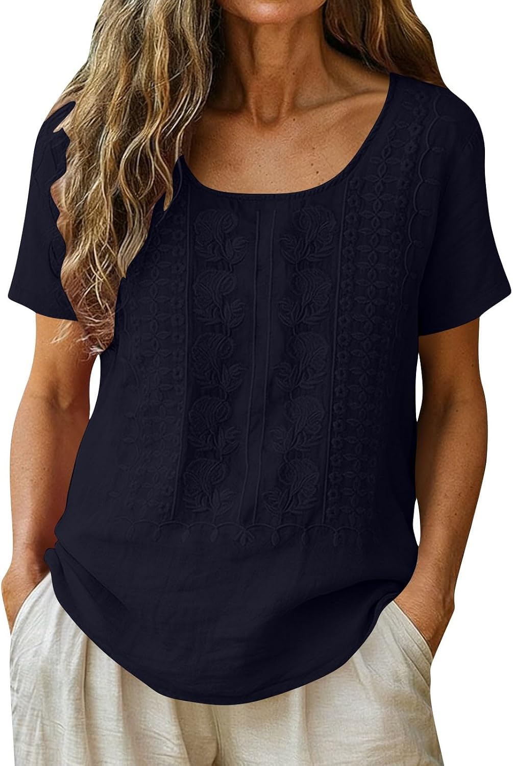 Womens Cotton Linen Summer Tops Casual Crewneck Short Sleeve Embroidered T-Shirts Fashion Beach Tees