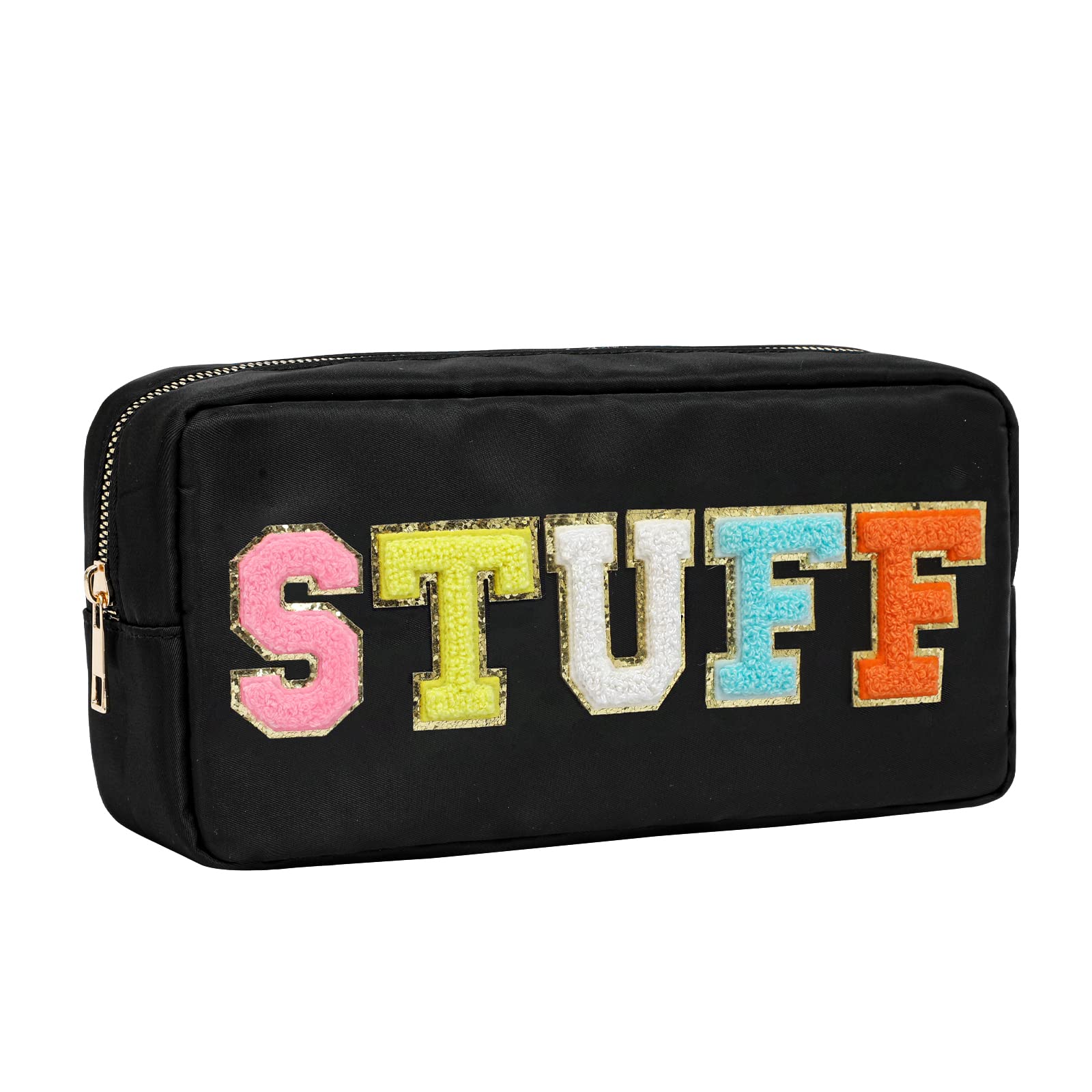 DYSHAYENNylon Cosmetic Bag Preppy Makeup Stuff Bag for Women Travel Toiletry Organizer with Chenille Letter Patches (Black-STUFF)