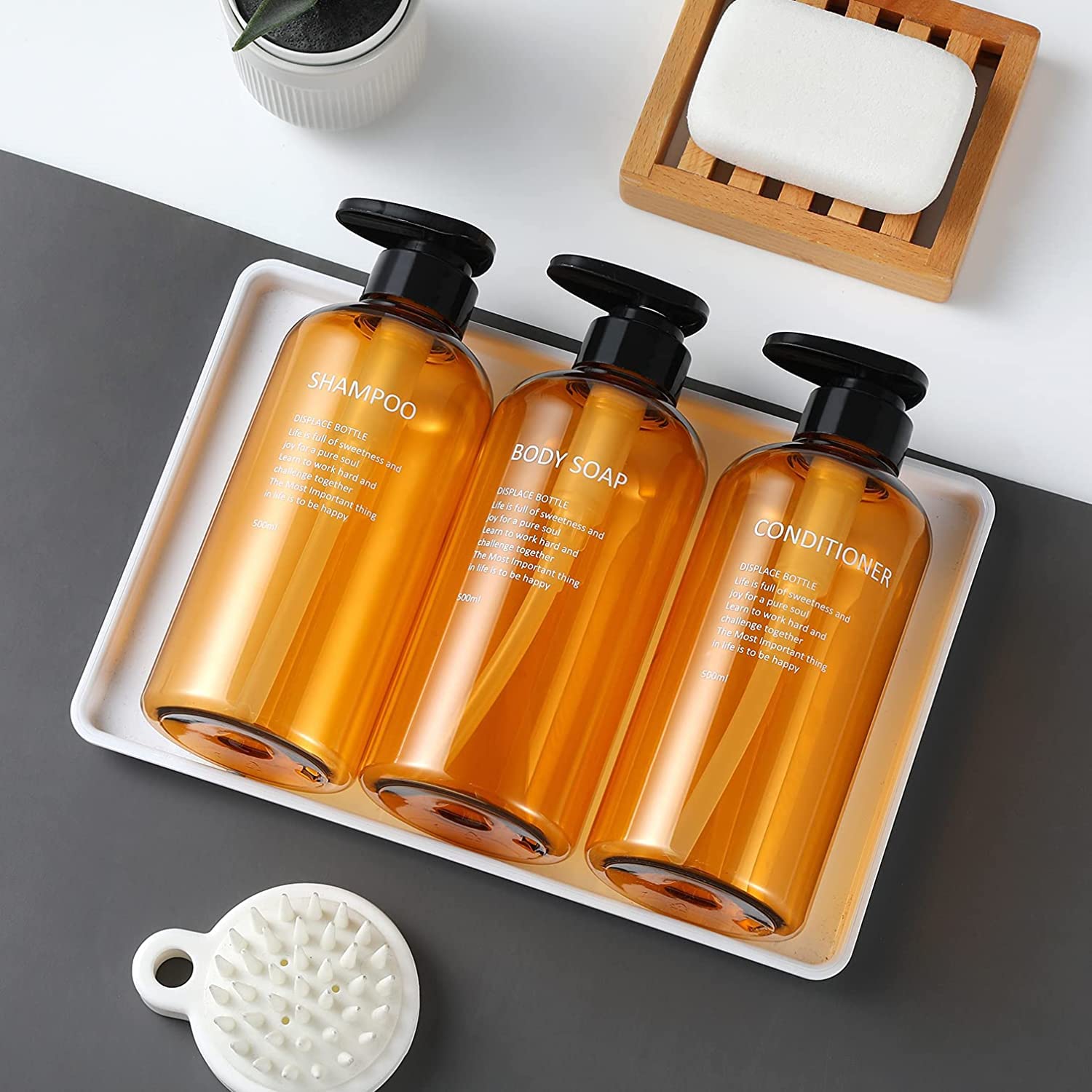 Set Da 3 Dispenser Per Shampoo E Balsamo 500ml, Ricaricabili E Antiperdita, Con Pompa In Bambù, Per Bagno E Cucina, Colore Smerigliato