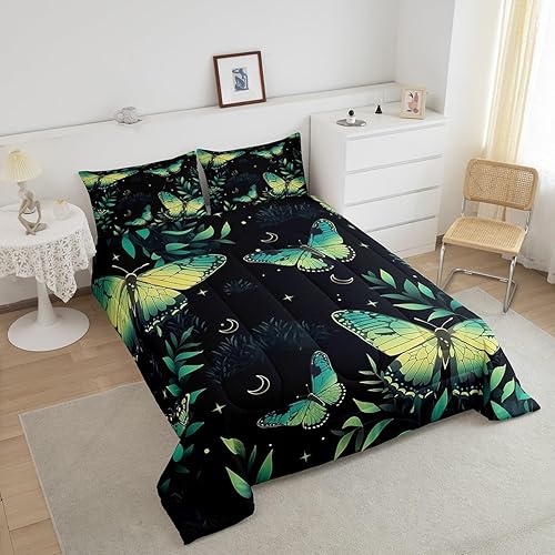 Miniatura 3 de Erosebridal Juego de edredón de polilla gótica tamaño Queen, edredón y juegos de ropa de cama con purpurina y estrellas y luna, edredón de hojas