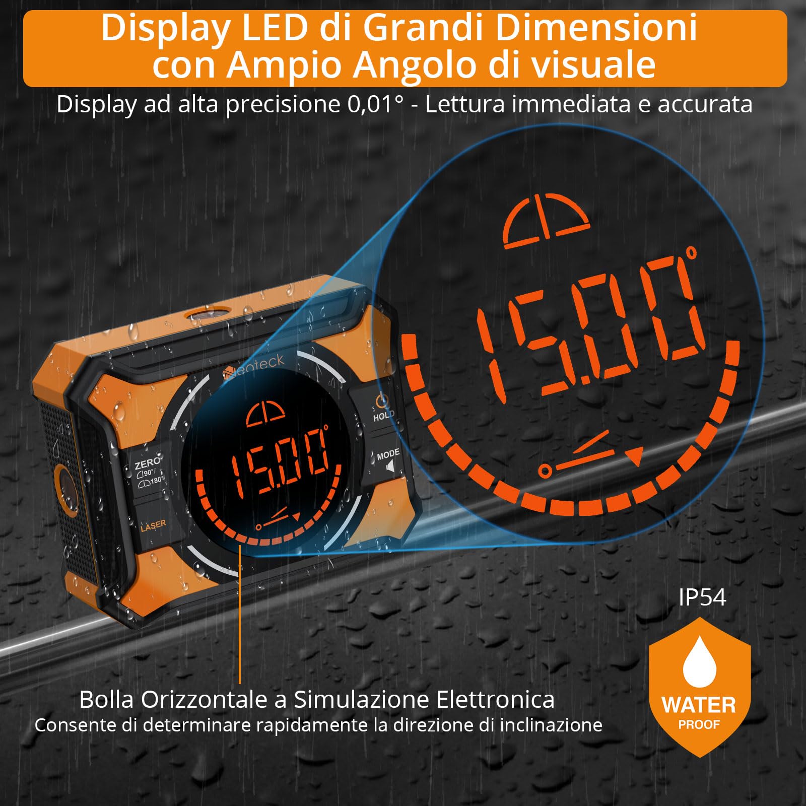 Neoteck 4x90° Inclinometro Digitale con 2 Laser - Livella Digitale Ricaricabile 2 Lati Magnetici Schermo LED Retroilluminato Doppia Bolla Elettronica per Falegnameria, Bricolage e Cantieri