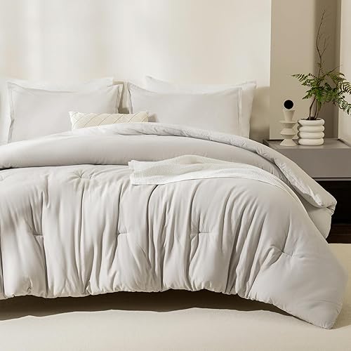 Miniatura 2 de Litanika Juego de edredón de lino de algodón gris tamaño Queen, juego de ropa de cama transpirable de 3 piezas, color caqui, suave para todas las