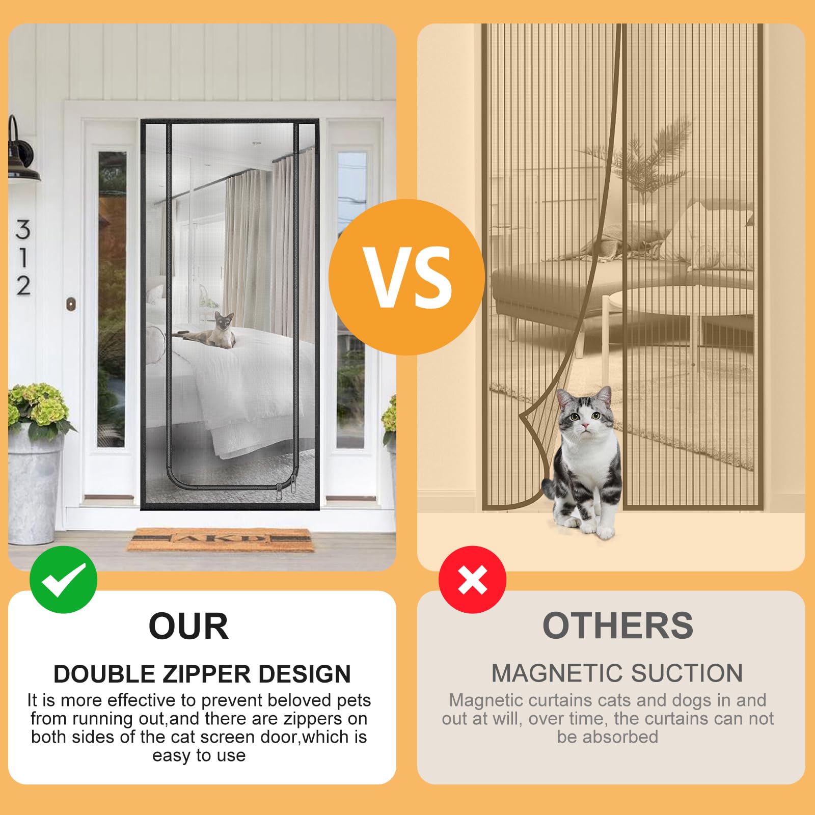 Moustiquaire de Porte pour Chat, Porte Grillagée pour Chiens, Chats, Moustiques, Porte moustiquaire Robuste pour Salon/Cuisine/Coucher, Grille pour chat avec Fermeture Eclair sans s'échapper (80*200)
