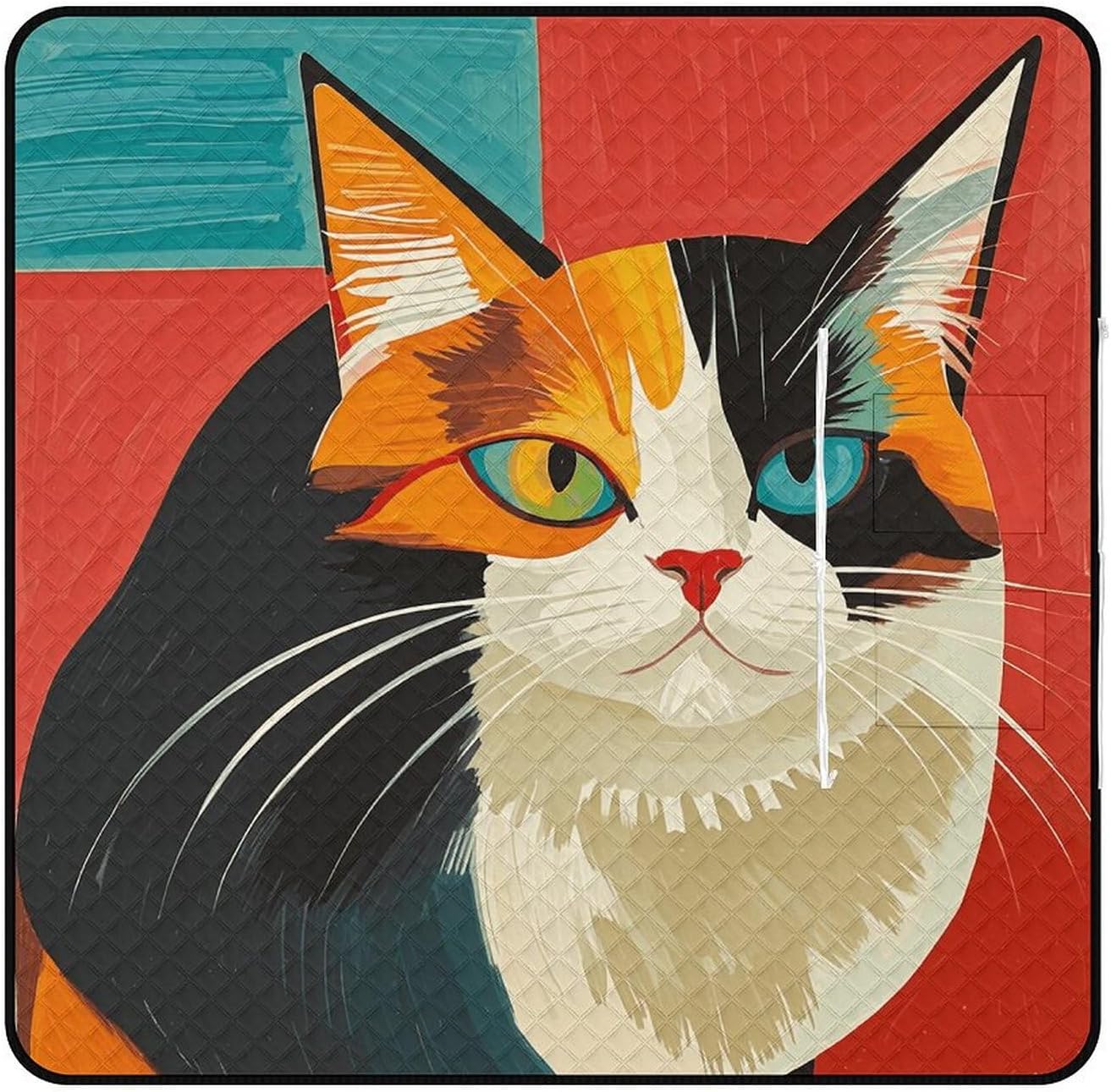 Modern Art Cat Picnic Blanket Zipper Style Waterproof Foldable Outdoor,Picnic Mat Foldable As A Shopping Bag for Ladies, Portable Outdoor Blanket for Camping