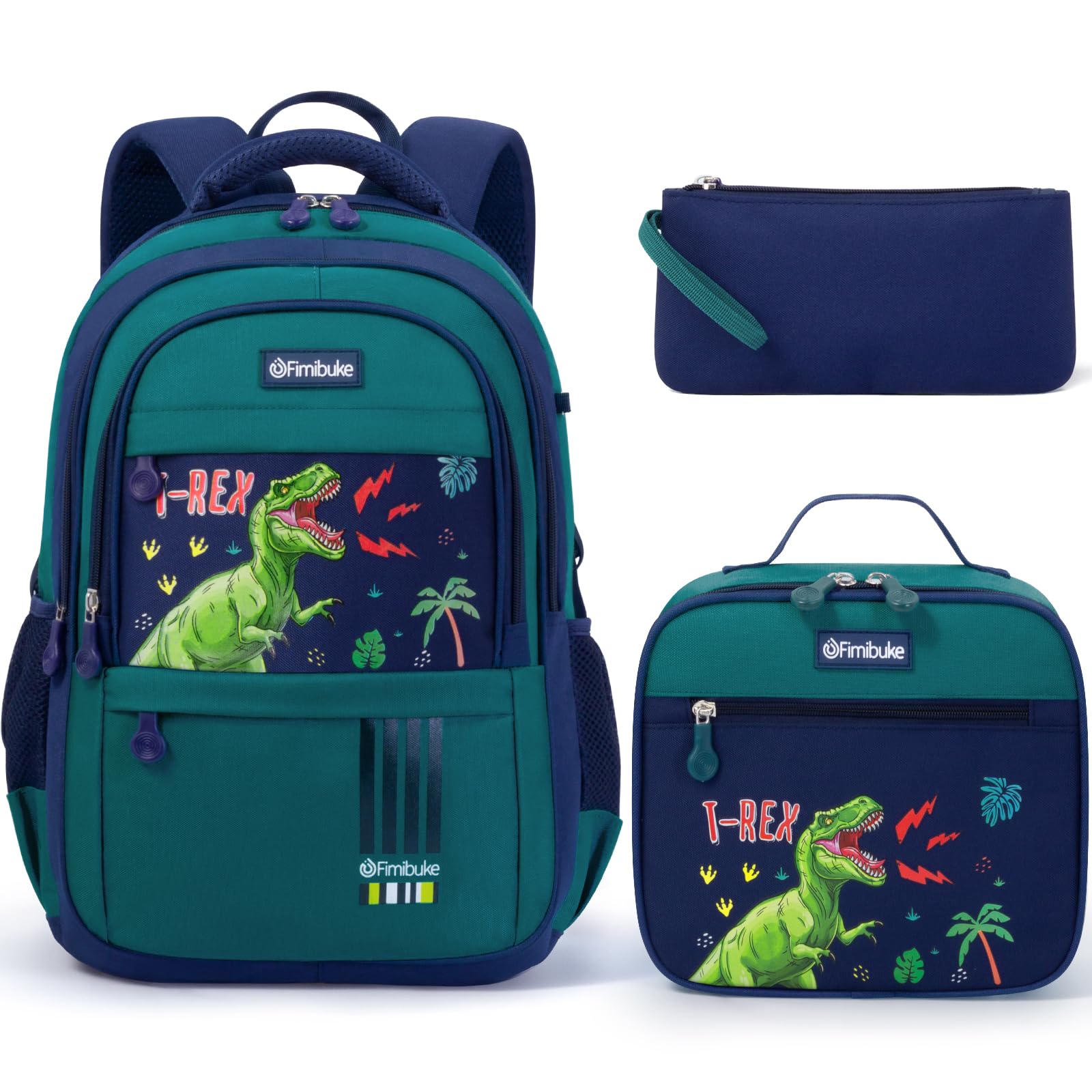 Fimibuke Kids Backpack for Boys, 3 PCS Dinosaur Backpack w/Lunch Box Set