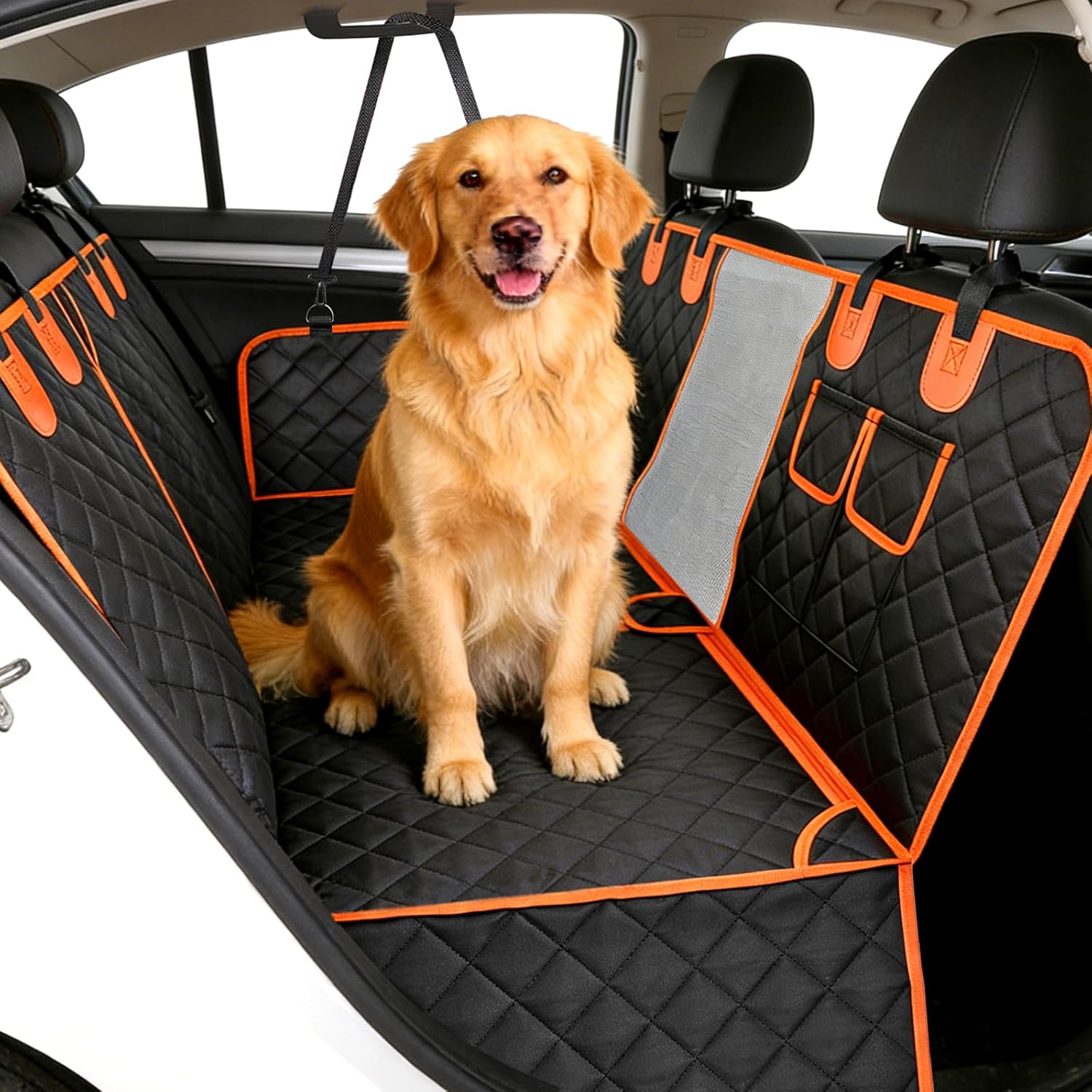 Dog Car Seat Cover for Back Seat, Waterproof Heavy Duty Pet Protector with Hard Bottom Extender, Scratchproof Nonslip Hammock Fits Cars, Trucks & SUVs, Holds 400lbs, Mesh Window