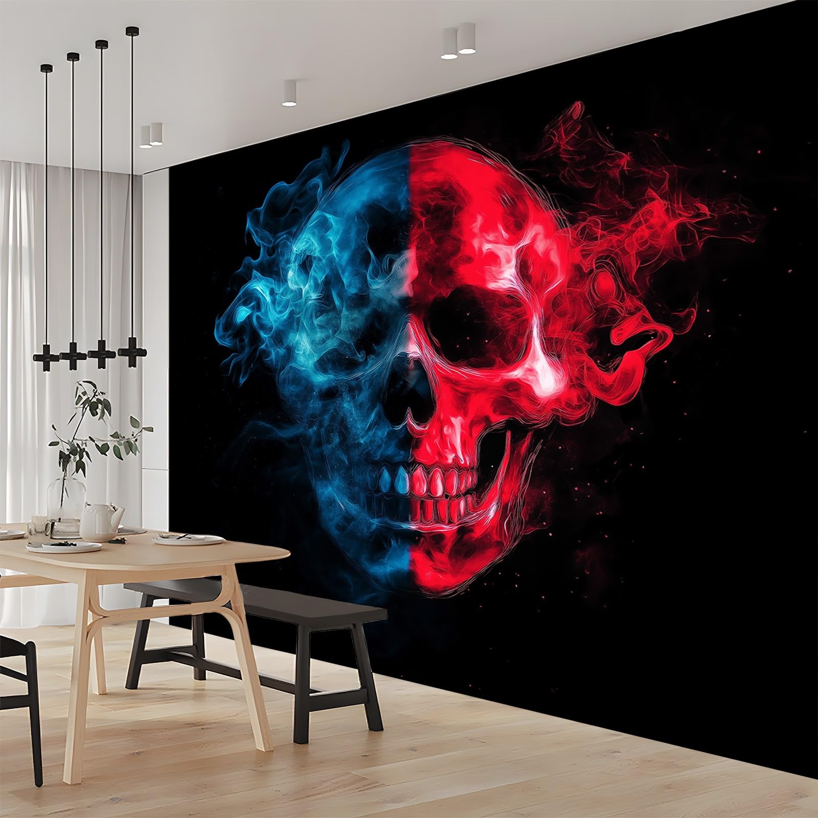 Panoramiczna tapeta fantazyjna czaszka płomień czerwony niebieski 200 x 140 cm (szer. x wys.) ogromny plakat ścienny niestandardowy 3D do salonu pokój dziecięcy dekoracja ścienna nowoczesna włóknina
