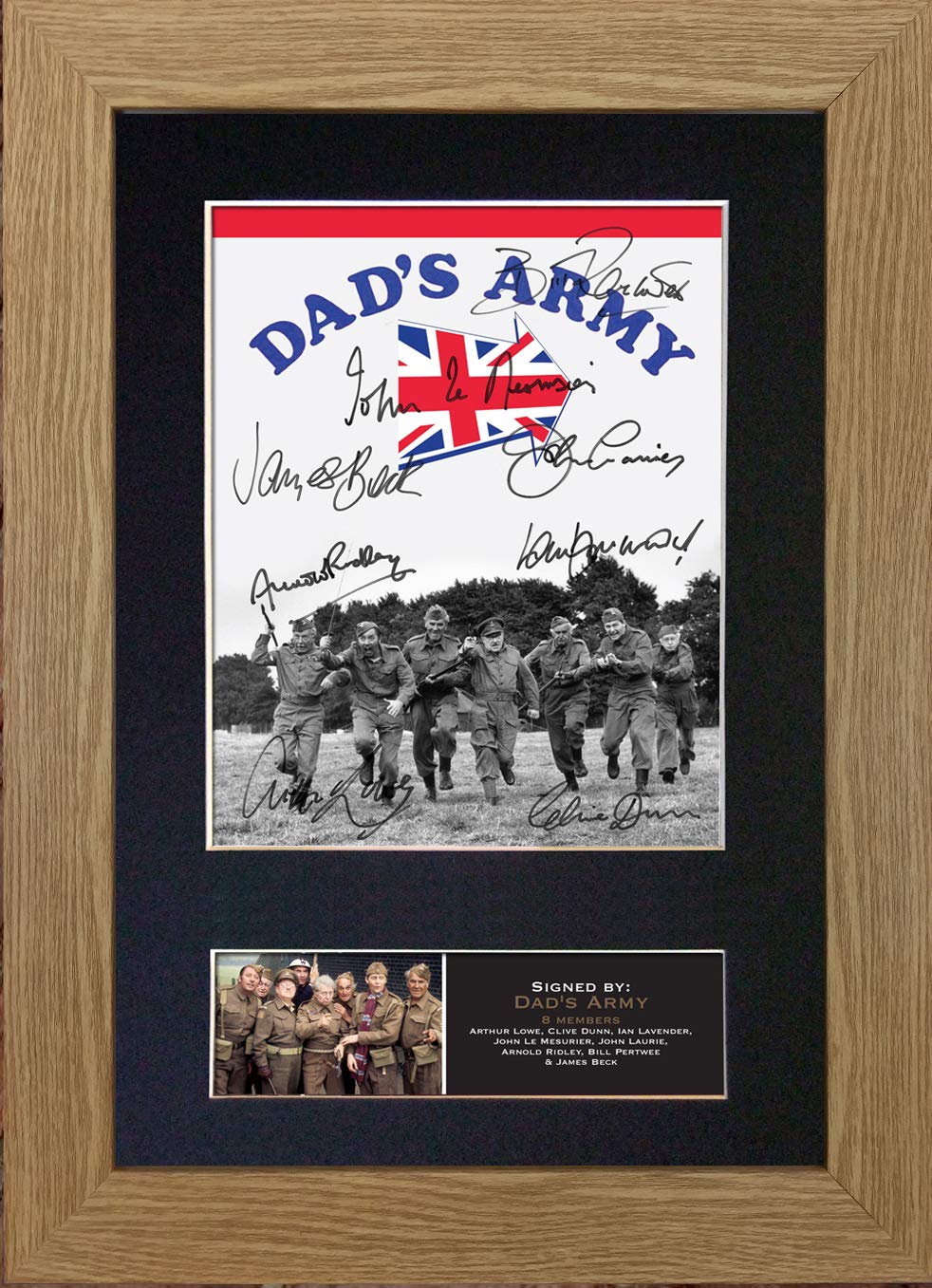 #755 DAD'S ARMY Signed Autograph Mounted Photo Reproduction PRINT A4 Rare Perfect Birthday (297 x 210mm) (Oak Veneer Frame)