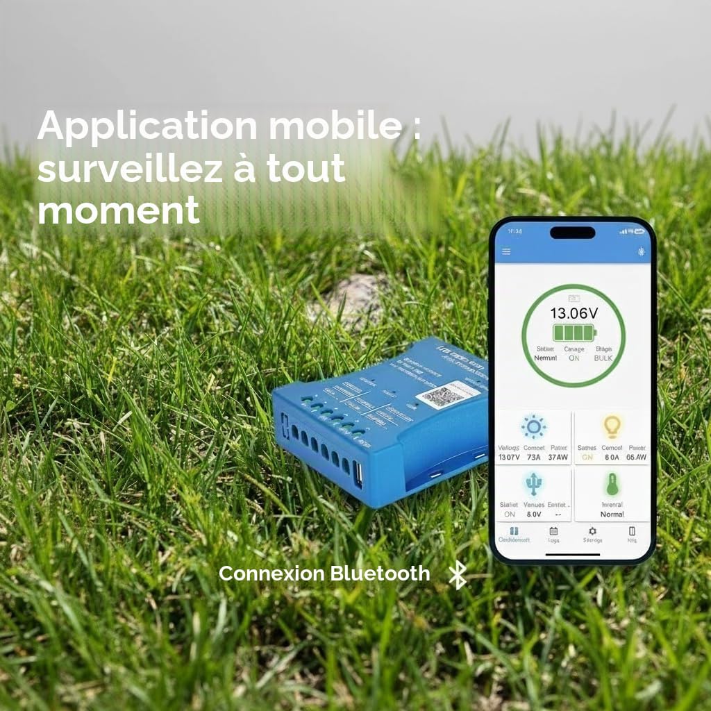 【30A Contrôleur de Charge Solaire Bluetooth】Régulateur Solaire 30A PV max 50V 12V/24V Contrôleur Solaire PWM pour Batteries Acide au Plomb, LiFePO4, Lithium