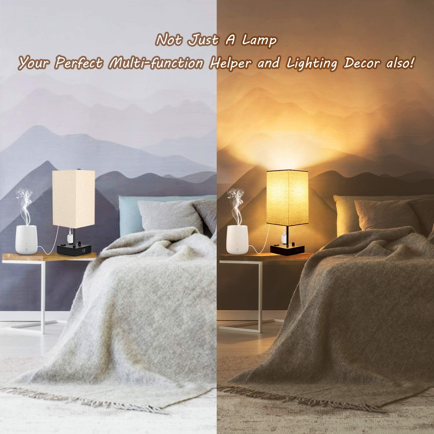 Amazing 🔥 Upgraded Fully Dimmable USB Bedside Table Lamp Set of 2, Nightstand Table Lamps with 2 USB Charging Ports 2 AC Outlets, Square Fabric Shade Modern Desk Lamp Set for Bedroom Living Room, Bulbs Included