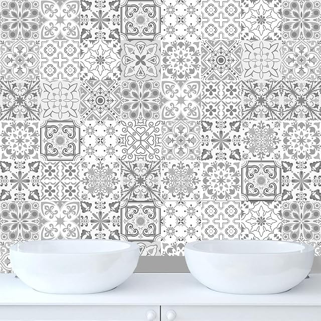 HORIWE 25pc Tile Stickers Backsplash PVC Waterproof Oil Proof Self Adhesive DIY Bathroom Kitchen Vintage New Wall Stickers Home Decor (Moroccan Grey, 15cm×15cm(6"×6"))