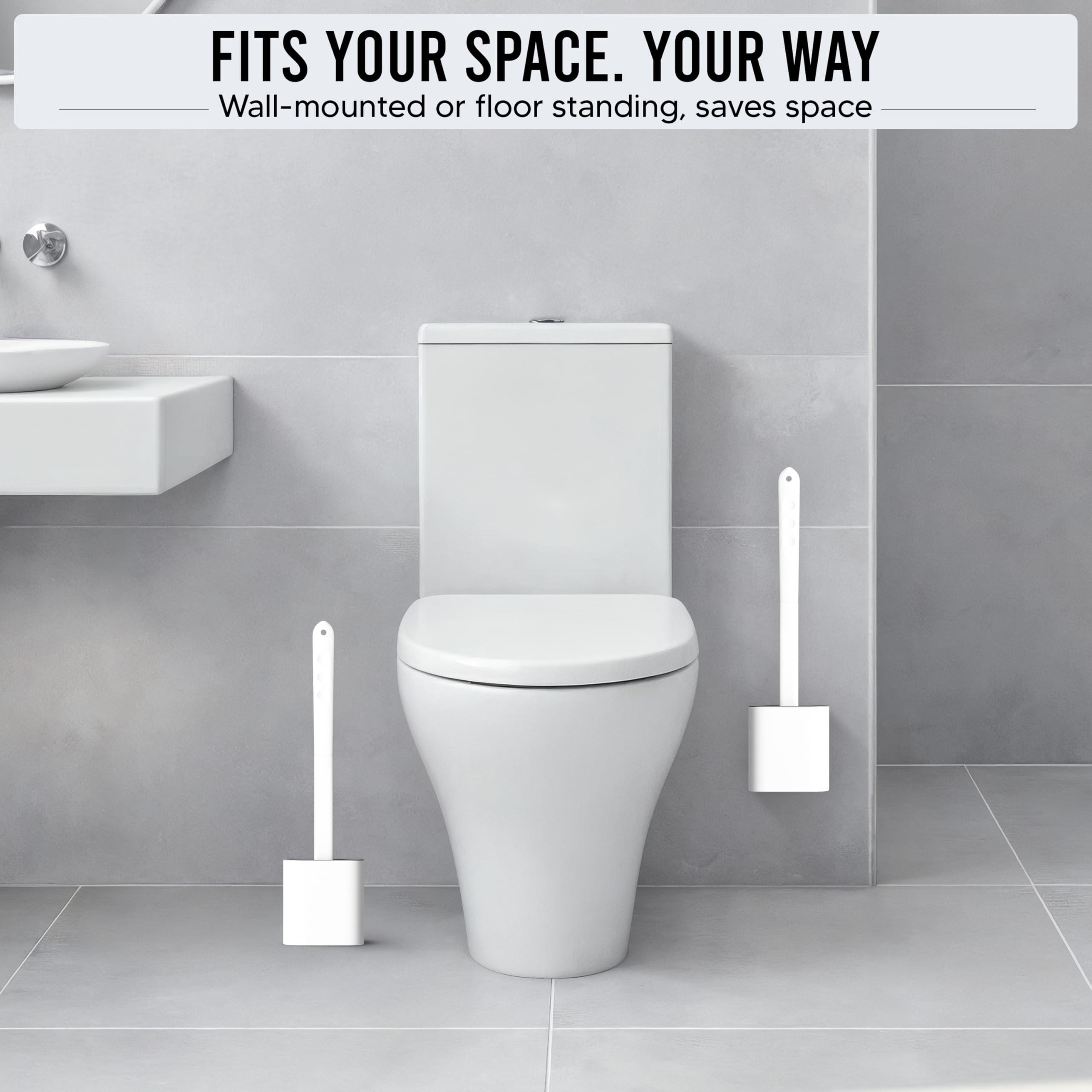 Brosse Toilettes WC Silicone avec Support - Brosse WC Silicone Plate, sous Le Rebord - Brosse WC Murale sans Perçage - Rinçable, sans Gouttes - Porte Brosse WC Suspendu, Lot de 2, Blanc