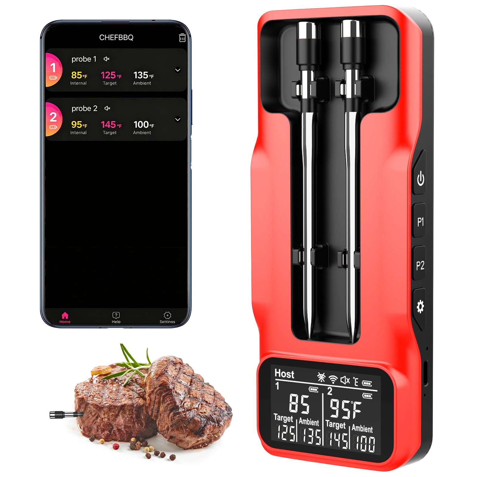 Wireless Meat Thermometer Digital - 800FT Bluetooth Food Thermometer for Cooking, NIST Certified Accuracy, Standalone Base Dual Probes for Grill BBQ Oven Smoker