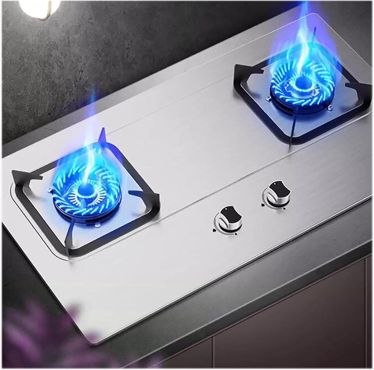 5.0KW Gas Hob 2 Burner, Tabletop and Flush-mounted Gas Ranges, Stainless Steel Easy To Clean, Cast Iron Pan Support, Flame Out Protection Prevent Gas Leakage, LPG/NG Kit(NG)