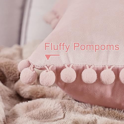 Miniatura 10 de Top Finel juego de 2 fundas de almohada decorativas con pompones, de terciopelo suave, lisas, para sofá, dormitorio o automóvil, 16 x 16 pulgadas,