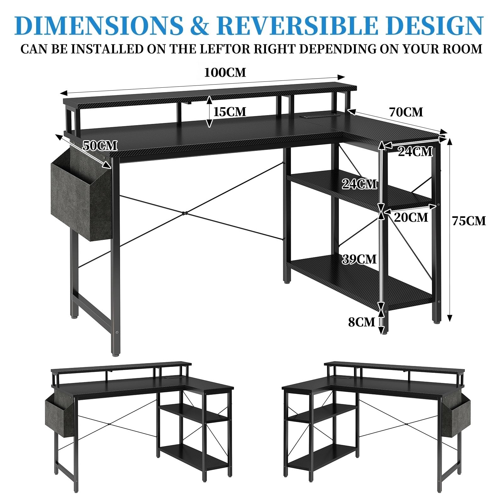 Grandder Scrivania ad Angolo Reversibile 100x70cm, Tavolino Computer a Forma L Ripiani Portaoggetti e Struttura in Acciaio, per Gaming, Computer, Ufficio, Studio e Casa, Nero
