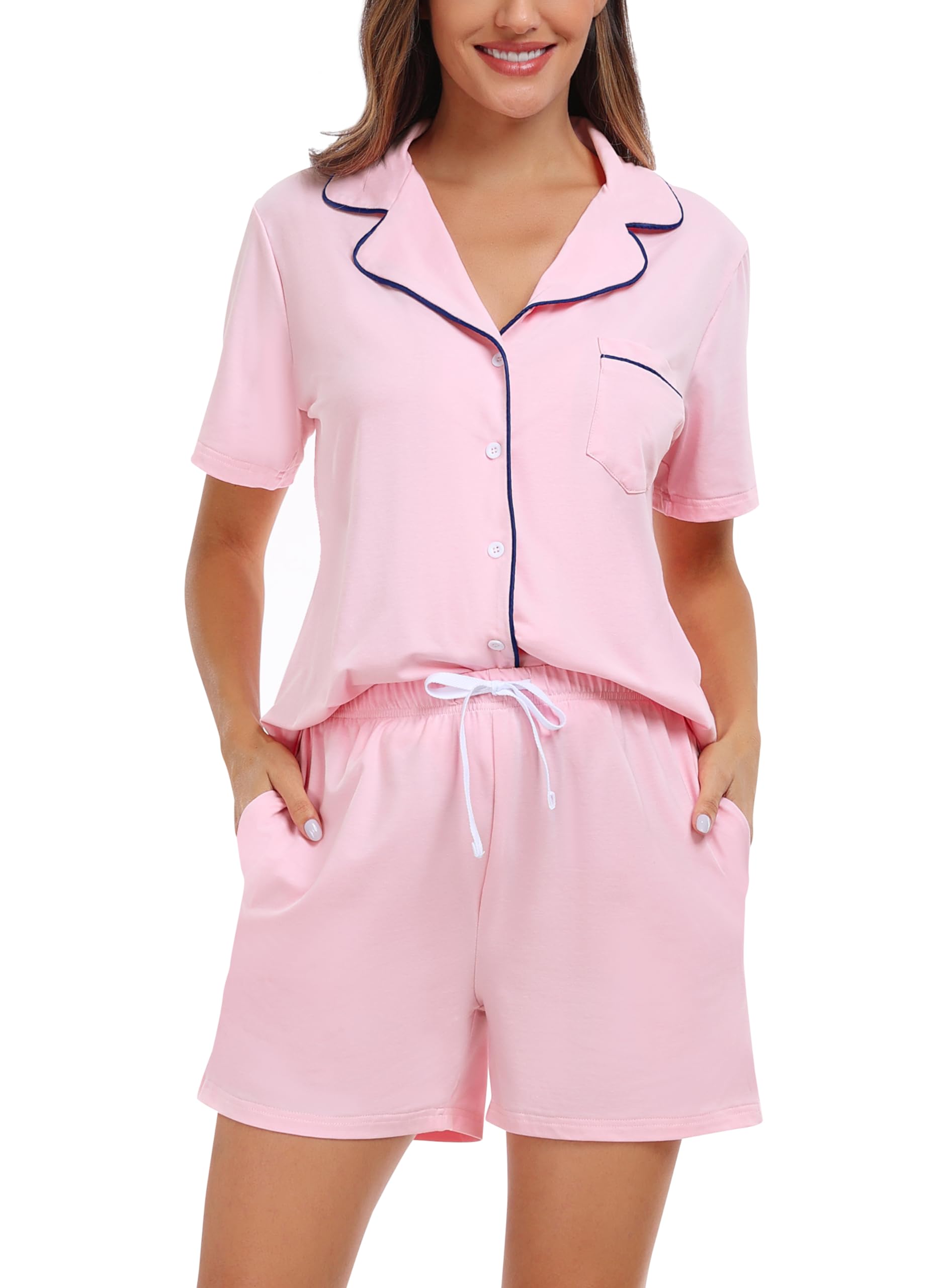 Lovasy Schlafanzug Damen Baumwolle Kurz Pyjama Set Kurzarm Schlafanzüge für Damen mit Knöpfen und Taschen