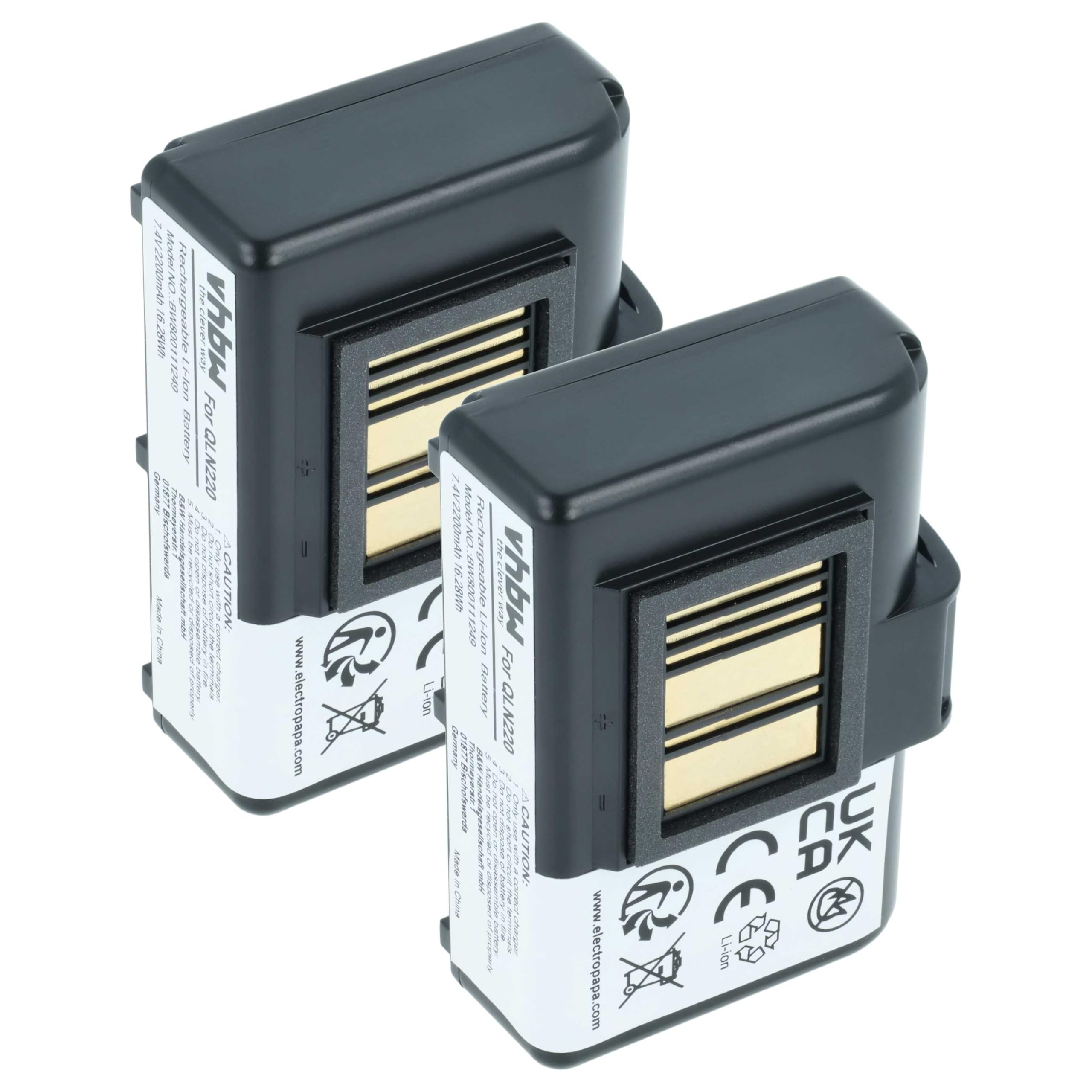 vhbw 2X batería reemplaza Zebra P1023901, BTRY-MPP-34MAHC1-01 para Impresora, copiadora, escáner, Impresora Etiquetas (2200 mAh, 7,4 V, Li-Ion)